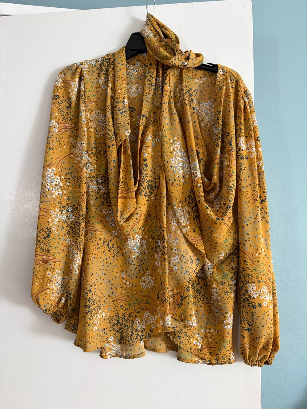 LOFT Mustard Floral Tie-Neck Blouse